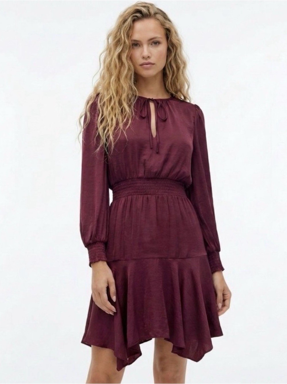 🆕 SAM EDELMAN Burgundy A-line Smocked Waist Mini Dress Women’s Size 8 NWT